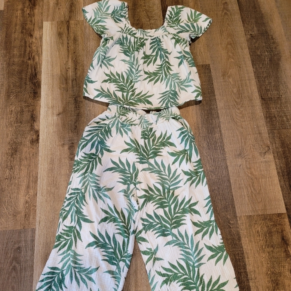 Tropical Leaf Print Two-Piece Jumpsuit Set - Green/White